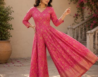 Designer Banarasi Silk Jumpsuit: Indo Western Fusion Wedding Outfit Romper