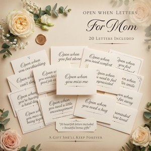 May include: A collection of cream-colored cards with black text, labeled "Open When" followed by various sentiments, arranged on a beige surface. The cards are accompanied by floral accents and a wax seal, with the words "For Mom" at the top.