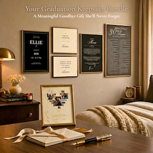 May include: A collection of framed graduation keepsakes, including a heart-shaped photo frame, and several framed quotes. The frames are gold-toned, and the wall is painted a neutral color. The text includes the words "ELLIE" and "2026".