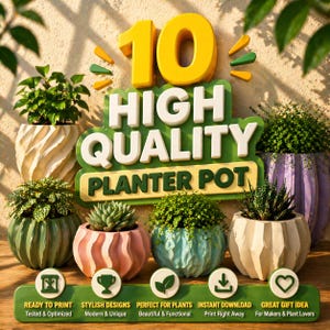 May include: An assortment of ten high-quality planter pots in various colors and designs, each holding a different plant. The image includes text that reads "High Quality Planter Pot" and other phrases.