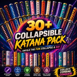 Può includere: Un'immagine vivace di oltre 30 spade katana pieghevoli in vari colori e design. L'immagine presenta il testo "COLLAPSIBLE KATANA PACK" ed evidenzia caratteristiche come lame retrattili e pronte per la stampa 3D. Per tutte le età.
