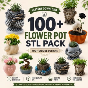 May include: A digital collection of 100+ flower pot STL files for 3D printing. The image displays various planter designs including a tree face, a skull in an orange cup, a rabbit, a heart, a treasure chest with crystals, and hands holding a plant.