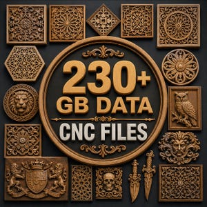 Può includere: Una collezione di pannelli in legno e elementi decorativi intagliati in modo intricato, tra cui motivi floreali, forme geometriche e figure di animali. Il design centrale presenta il testo "230+ GB DATA CNC FILES" in lettere dorate.