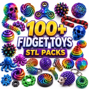 Könnte beinhalten: Eine Sammlung verschiedener 3D-gedruckter Fidget-Spielzeuge, darunter Totenköpfe, Kraken, Zahnräder, Federn und geometrische Kugeln in Regenbogenfarben. Der zentrale Text lautet 100+ FIDGET TOYS STL PACKS und zeigt sensorische Artikel.