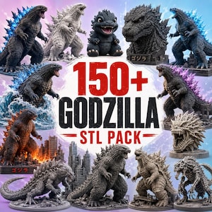 May include: A digital collection of 150+ Godzilla STL files featuring various 3D models of the monster in different poses, textures, and environments, including cityscapes, water, and skeletal forms, with the text 150+ GODZILLA STL PACK.