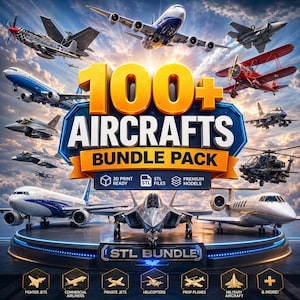 Op de afbeelding: Een digitale afbeelding met verschillende vliegtuigen, waaronder straaljagers, commerciële vliegtuigen en helikopters. De afbeelding toont de tekst "100+ AIRCRAFTS BUNDLE PACK" met "STL FILES" en "3D PRINT READY" pictogrammen. Het thema is luchtvaart.