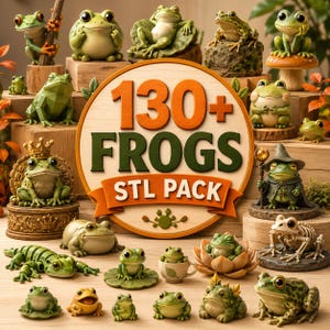 Può includere: Una collezione di varie statuette di rane verdi presentate con un cartello circolare centrale che recita 130+ FROGS STL PACK. Le rane sono raffigurate in pose diverse, tra cui sedute su funghi, con corone, con bastoni e dentro tazze.