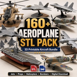 Puede incluir: Una colección de modelos de aviones imprimibles en 3D que incluye un helicóptero de ataque color canela, aviones de combate grises, un bombardero B-29, un avión de hélice y un portaaviones. El texto central dice 160+ AEROPLANE STL PACK 3D Printable Aircraft Bundle.