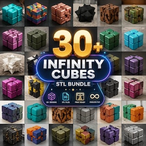 Puede incluir: Una colección de más de 30 cubos infinitos en varios colores, texturas y patrones, incluyendo diseños metálicos, mate y geométricos. El texto central dice 30+ INFINITY CUBES STL BUNDLE, con iconos para 30+ diseños, archivos STL, listos para imprimir y diversión sin fin.