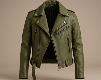 Olive Green Leather Biker Jacket Handmade Cowhide Motorcycle Coat Men Vintage Rider Jacket
