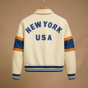 May include: A cream-colored varsity jacket featuring blue text on the back that reads NEW YORK USA. The sleeves have blue and orange horizontal stripes, and the cuffs and hem are finished with blue and white ribbed knit trim on a hanger.