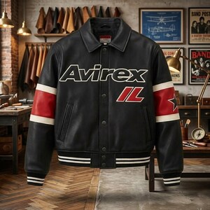 May include: A black leather varsity jacket featuring the white text Avirex on the chest, a red and white stripe on each sleeve, and a black star on the right sleeve. The jacket has a snap-button front closure and black and white striped ribbed cuffs.