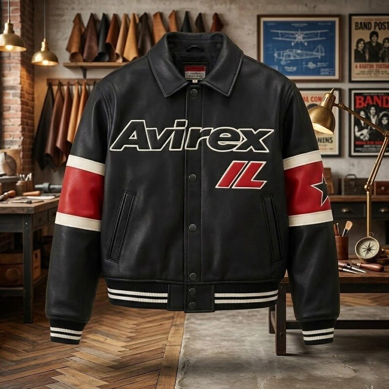 May include: A black leather varsity jacket featuring the white text Avirex on the chest, a red and white stripe on each sleeve, and a black star on the right sleeve. The jacket has a snap-button front closure and black and white striped ribbed cuffs.