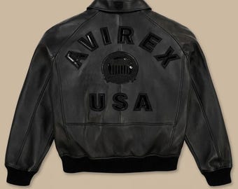 Avirex USA Icon Black Leather Jacket Mens Cowhide Bomber Flight Jacket Streetwear Luxury Coat