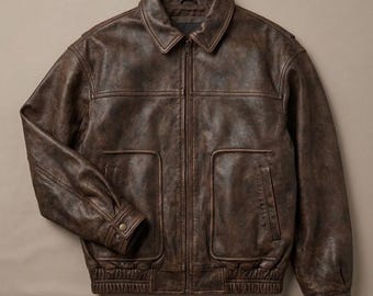 Vintage Brown Leather Bomber Jacket Oversized Distressed Retro Boxy Fit 1980s Men Women Coat