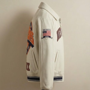 May include: Cream-colored varsity jacket with the text "NEW YORK" and "KITH" patches. The jacket features a navy and orange design on the back and sleeves, with a striped navy and white cuff and hem. The jacket has a collared neckline and a zipper closure.