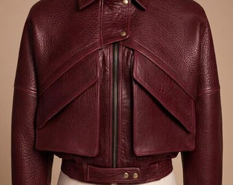 Handcrafted Genuine Leather Cropped Bomber Jacket Burgundy Moto Oversized Pockets Luxury Women