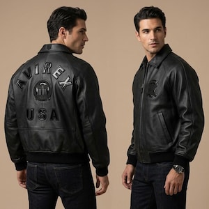 Avirex USA Icon Black Leather Jacket Mens Cowhide Bomber Flight Jacket Streetwear Luxury Coat image 7