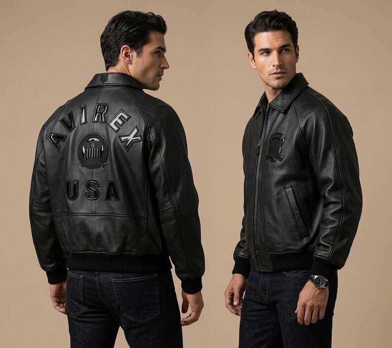 Avirex USA Icon Black Leather Jacket Mens Cowhide Bomber Flight Jacket Streetwear Luxury Coat image 7