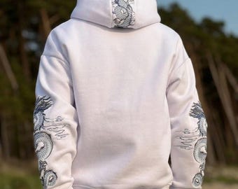Sea Dragon Embroidered Pearl White Hoodie Unisex Cotton Streetwear Oversized Pullover Hoodie