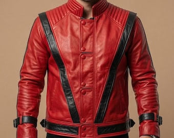 Men Red Leather Thriller Jacket Black V Stripe Biker Rock Star Costume Coat