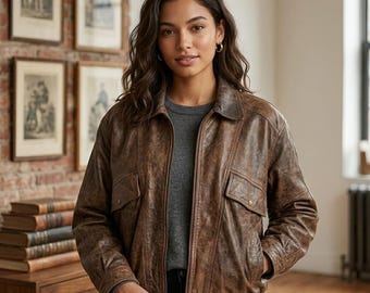 1990s Oversized Distressed Brown Leather Jacket Vintage Retro Bomber Boxy Fit Coat Men Women