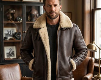 Handmade Sheepskin B3 Bomber Jacket Men Aviator Shearling Winter Leather Flight Coat Warm Fur