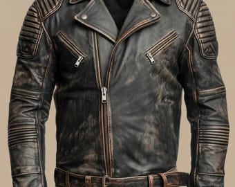 Mens Distressed Black Leather Biker Jacket Vintage Brando Cafe Racer Motorcycle Jacket Men