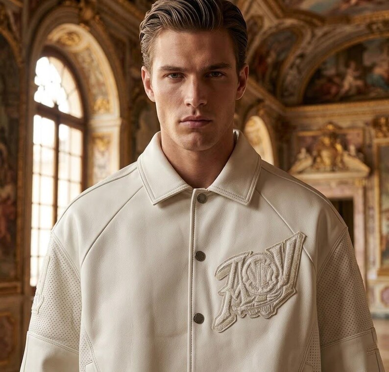 May include: Cream-colored leather jacket with a classic collar and button closure. Features a decorative emblem on the chest and perforated detailing on the sleeves. The jacket is a neutral color, suitable for various outfits.