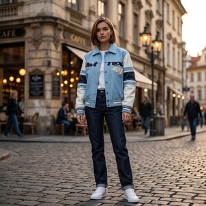 Puede incluir: Una chaqueta universitaria de color azul claro y blanco con detalles en azul oscuro y el texto "Avirex" en el pecho, sobre una camiseta blanca lisa, combinada con vaqueros azul oscuro y zapatillas blancas en una calle empedrada.