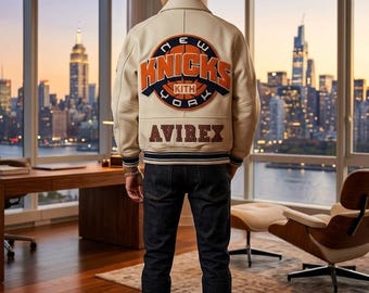 Kith AVIREX New York Knicks Faux Leather Varsity Jacket Patch Logo Streetwear Coat