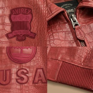 Avirex Crocodile Embossed Leather Bomber Jacket Red Black Brown Aviator Genuine Leather Coat image 4