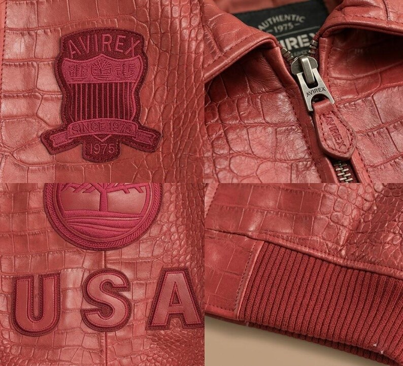 Avirex Crocodile Embossed Leather Bomber Jacket Red Black Brown Aviator Genuine Leather Coat image 4