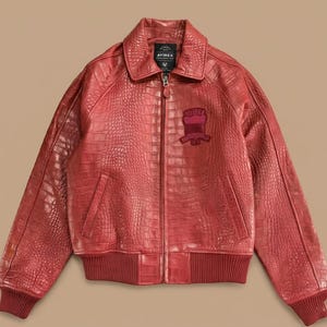 Avirex Crocodile Embossed Leather Bomber Jacket Red Black Brown Aviator Genuine Leather Coat image 2