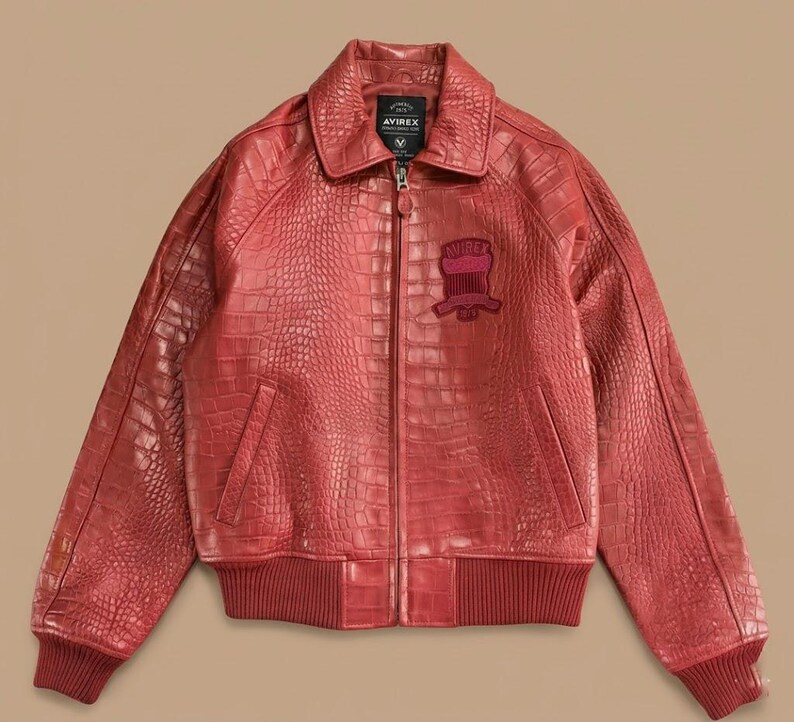Avirex Crocodile Embossed Leather Bomber Jacket Red Black Brown Aviator Genuine Leather Coat image 2