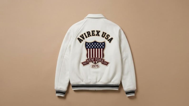 May include: A white varsity jacket featuring a large embroidered patch on the back. The patch displays the text AVIREX USA, a shield with stars and stripes, and a banner reading THE NEW YORK 1975. The jacket has a collar and striped ribbed cuffs.