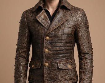Mens Crocodile Embossed Leather Blazer Brown Double Breasted Textured Luxury Jacket
