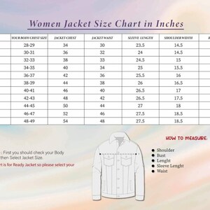 May include: A size chart for women's jackets, displaying measurements in inches. The chart includes sizes from XXS to 6XL, detailing body chest, jacket chest, waist, sleeve length, shoulder width, and body length. Instructions and a jacket illustration are also included.