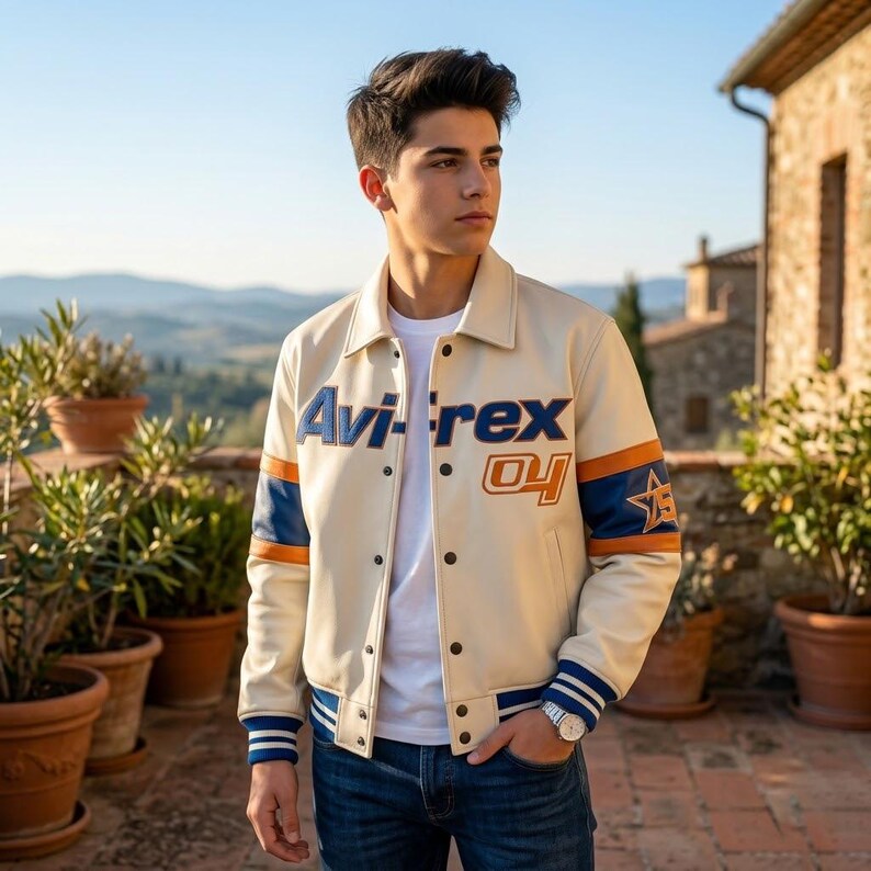 May include: A cream-colored varsity jacket featuring dark blue and orange accents, the text "Avi-rex" across the chest, the number "04" on the front, and a star emblem on the sleeve. The jacket is worn over a plain white t-shirt and blue jeans.