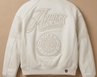 Avirex White Leather Bomber Jacket Gold Club Cowhide Perforated Biker Coat Men Gift