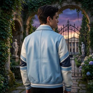 Puede incluir: Una chaqueta universitaria de color azul claro con mangas blancas que presentan detalles de rayas en azul marino y azul claro. La chaqueta tiene cuello, pu&ntilde;os y dobladillo acanalados con rayas blancas y azul marino. Vista trasera de textura lisa.