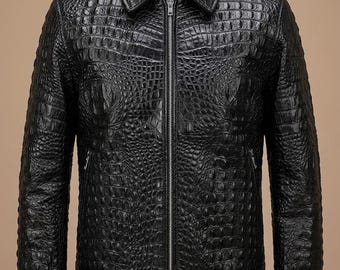 Crocodile Embossed Black Leather Jacket Luxury Alligator Print Biker Moto Jacket Men