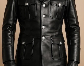 Men RAF Military Black Cowhide Leather Coat Genuine Leather Button Closure Jacket Winter Coat