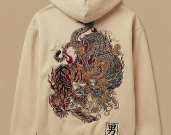 Heavy Embroidery Dragon Tiger Hoodie Beige Unisex Cotton Streetwear Graphic Pullover Sweatshirt