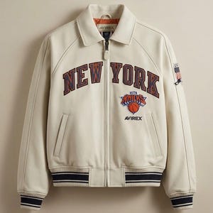 May include: Cream-colored leather jacket with the words "NEW YORK" in navy and orange lettering across the chest. The jacket features a "Knicks" logo and a basketball graphic. The jacket has a zip-up front, pockets, and striped cuffs.
