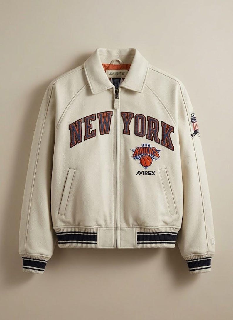 May include: Cream-colored leather jacket with the words "NEW YORK" in navy and orange lettering across the chest. The jacket features a "Knicks" logo and a basketball graphic. The jacket has a zip-up front, pockets, and striped cuffs.