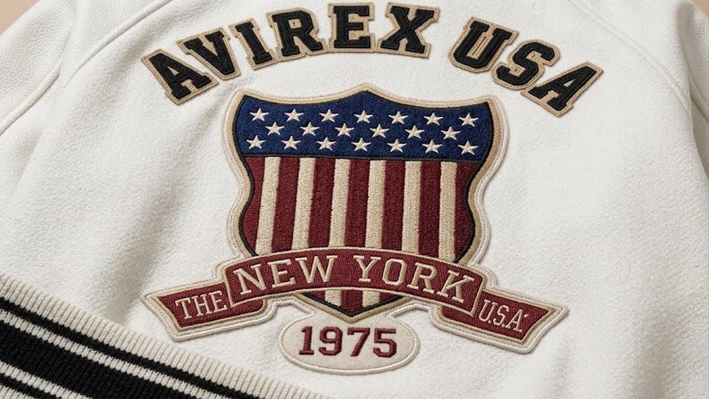 May include: An off-white varsity jacket featuring a large embroidered patch on the back. The patch displays the text AVIREX USA above a shield with stars and stripes, and a banner reading THE NEW YORK U.S.A. with the year 1975 below it.
