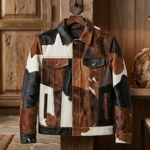May include: A jacket constructed from panels of cowhide leather featuring a patchwork pattern in shades of brown, black, and white. The garment includes a pointed collar, long sleeves with cuffs, two chest pockets with button flaps, and a front button closure.
