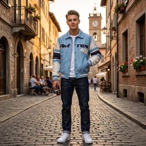 Puede incluir: Una chaqueta universitaria de color azul claro y blanco con el texto "Avirex" y "01" en el pecho, sobre una camiseta blanca lisa y pantalones vaqueros azul oscuro. La chaqueta tiene mangas largas con rayas azules y blancas y cierre de botones.