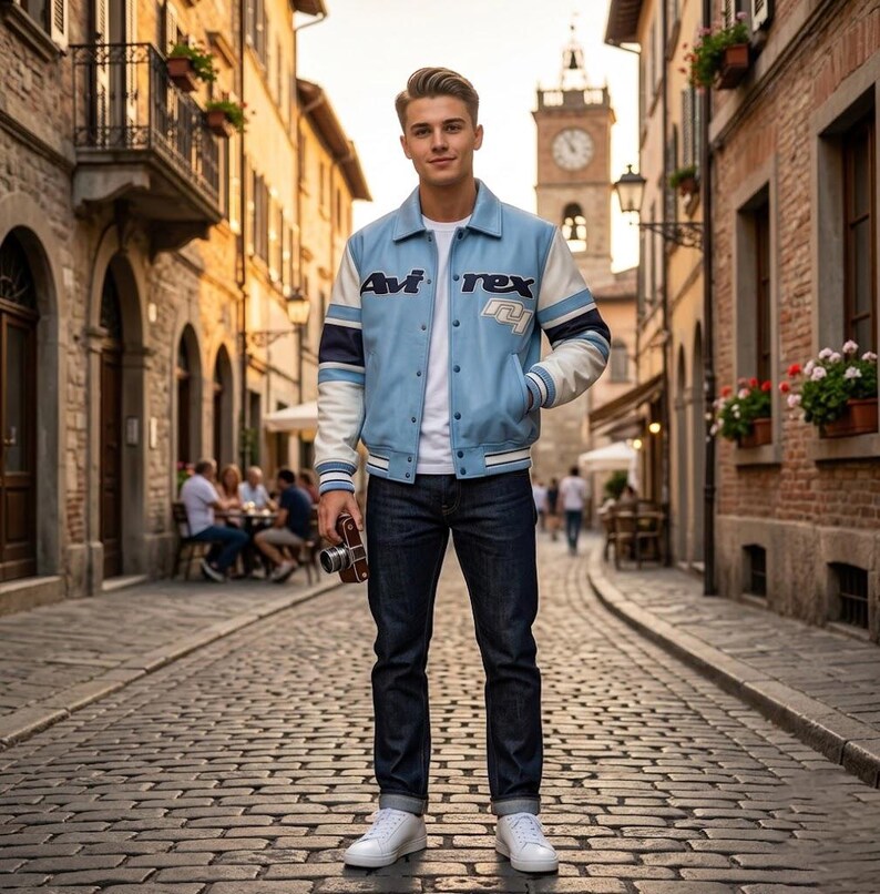Puede incluir: Una chaqueta universitaria de color azul claro y blanco con el texto "Avirex" y "01" en el pecho, sobre una camiseta blanca lisa y pantalones vaqueros azul oscuro. La chaqueta tiene mangas largas con rayas azules y blancas y cierre de botones.